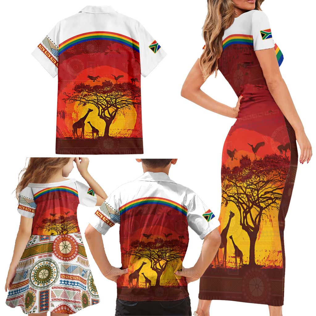 African Sunset Heritage Family Matching Short Sleeve Bodycon Dress and Hawaiian Shirt Tribal Pattern with Continent Silhouette, Rainbow Arc & Safari Scene