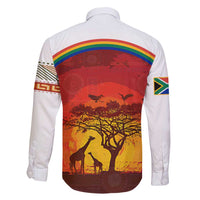 African Sunset Heritage Family Matching Short Sleeve Bodycon Dress and Hawaiian Shirt Tribal Pattern with Continent Silhouette, Rainbow Arc & Safari Scene