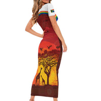 African Sunset Heritage Family Matching Short Sleeve Bodycon Dress and Hawaiian Shirt Tribal Pattern with Continent Silhouette, Rainbow Arc & Safari Scene