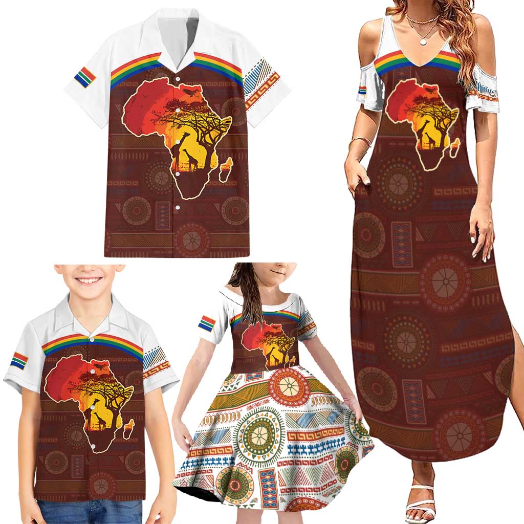 African Sunset Heritage Family Matching Summer Maxi Dress and Hawaiian Shirt Tribal Pattern with Continent Silhouette, Rainbow Arc & Safari Scene