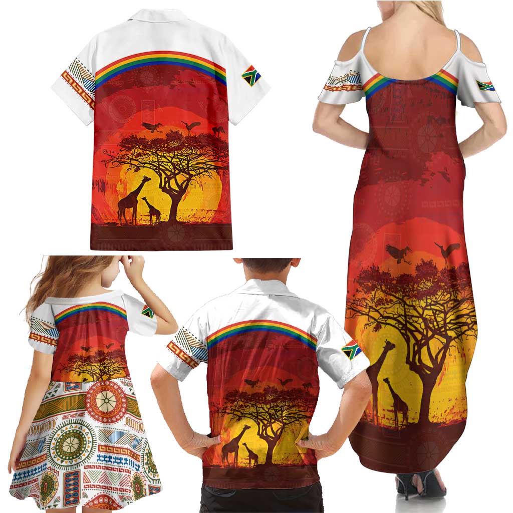 African Sunset Heritage Family Matching Summer Maxi Dress and Hawaiian Shirt Tribal Pattern with Continent Silhouette, Rainbow Arc & Safari Scene