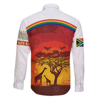 African Sunset Heritage Family Matching Summer Maxi Dress and Hawaiian Shirt Tribal Pattern with Continent Silhouette, Rainbow Arc & Safari Scene