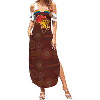 African Sunset Heritage Family Matching Summer Maxi Dress and Hawaiian Shirt Tribal Pattern with Continent Silhouette, Rainbow Arc & Safari Scene