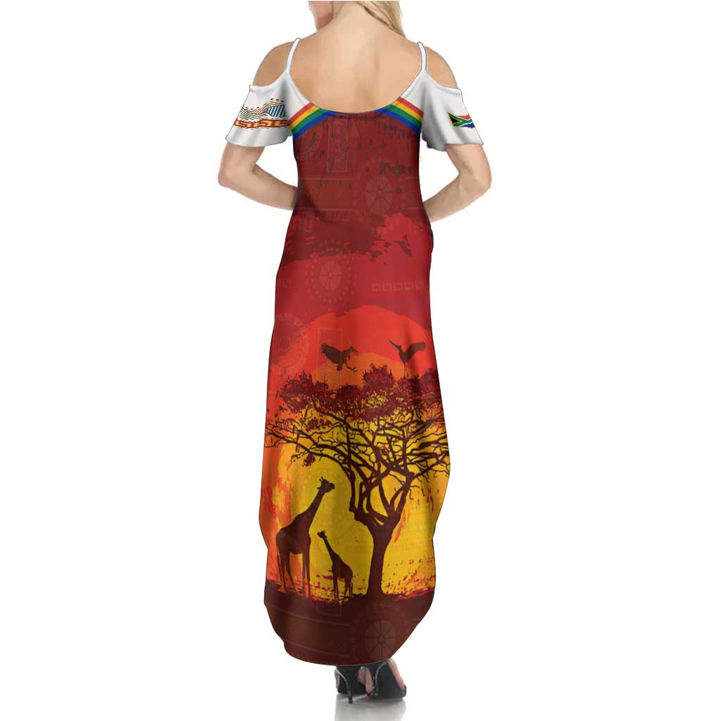 African Sunset Heritage Family Matching Summer Maxi Dress and Hawaiian Shirt Tribal Pattern with Continent Silhouette, Rainbow Arc & Safari Scene