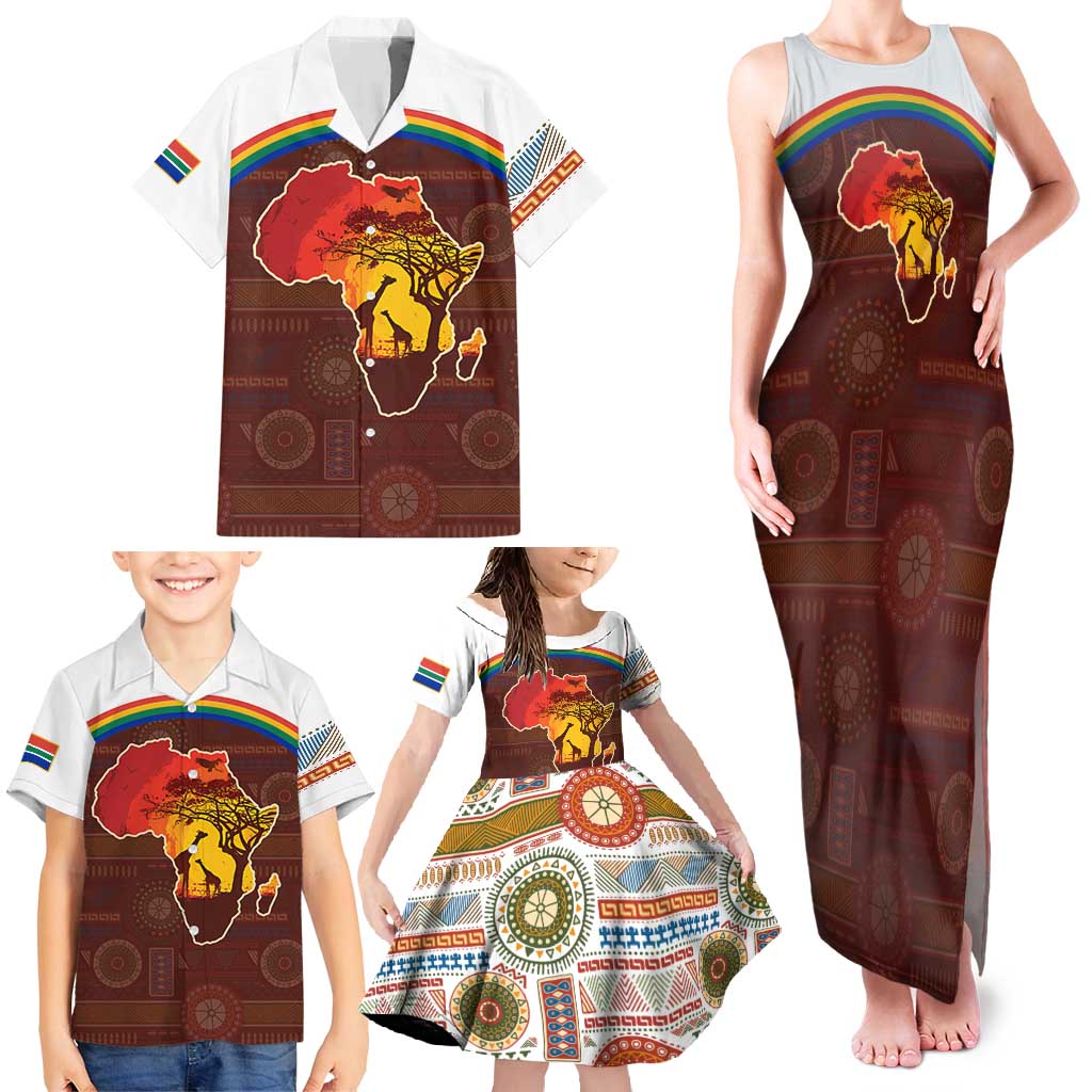 African Sunset Heritage Family Matching Tank Maxi Dress and Hawaiian Shirt Tribal Pattern with Continent Silhouette, Rainbow Arc & Safari Scene