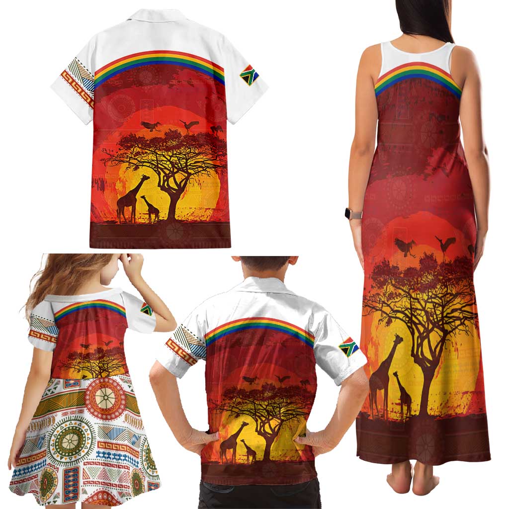 African Sunset Heritage Family Matching Tank Maxi Dress and Hawaiian Shirt Tribal Pattern with Continent Silhouette, Rainbow Arc & Safari Scene