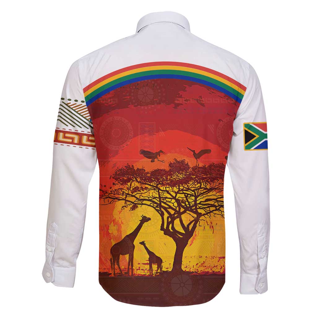 African Sunset Heritage Family Matching Tank Maxi Dress and Hawaiian Shirt Tribal Pattern with Continent Silhouette, Rainbow Arc & Safari Scene