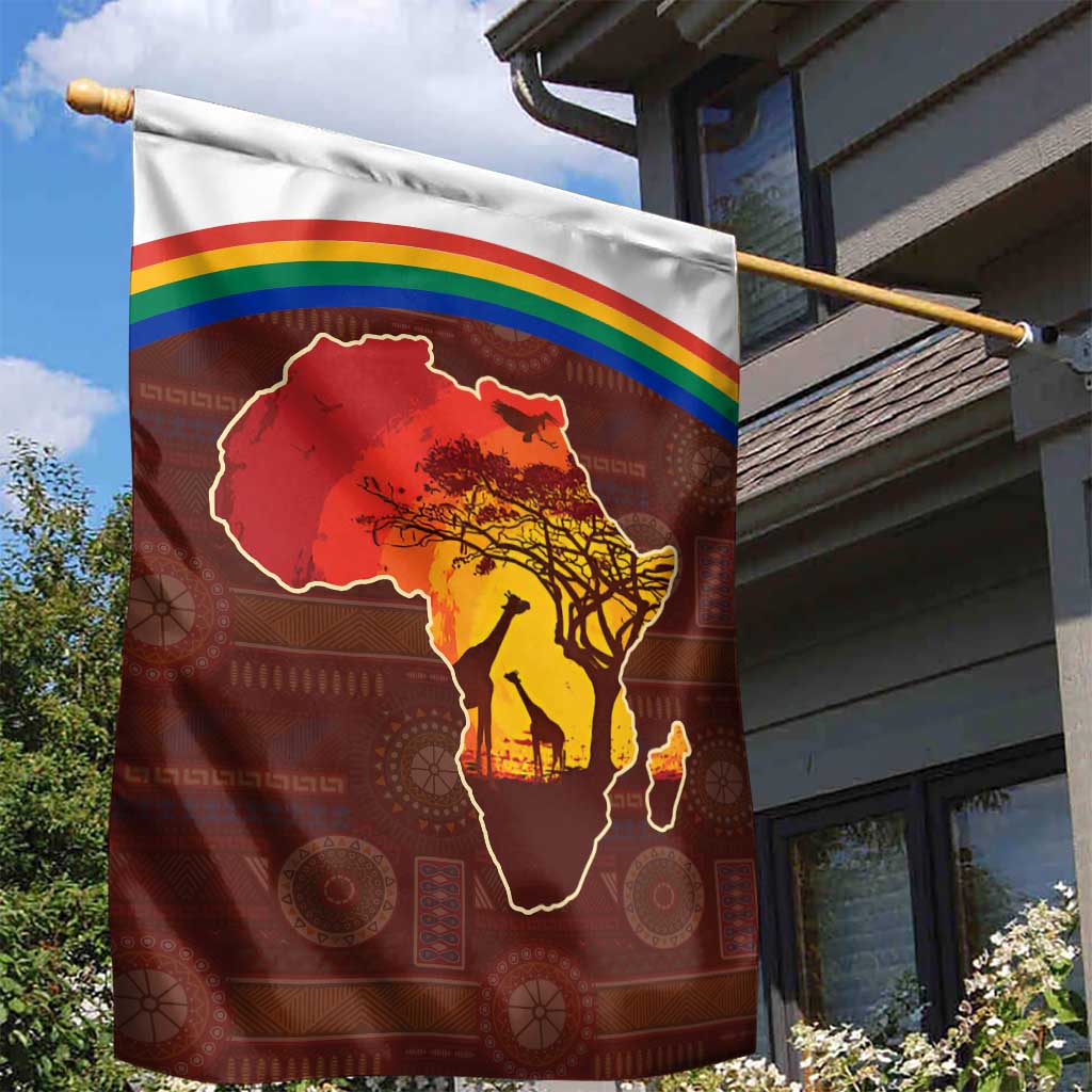 African Sunset Heritage Garden Flag Tribal Pattern with Continent Silhouette, Rainbow Arc & Safari Scene