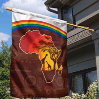 African Sunset Heritage Garden Flag Tribal Pattern with Continent Silhouette, Rainbow Arc & Safari Scene