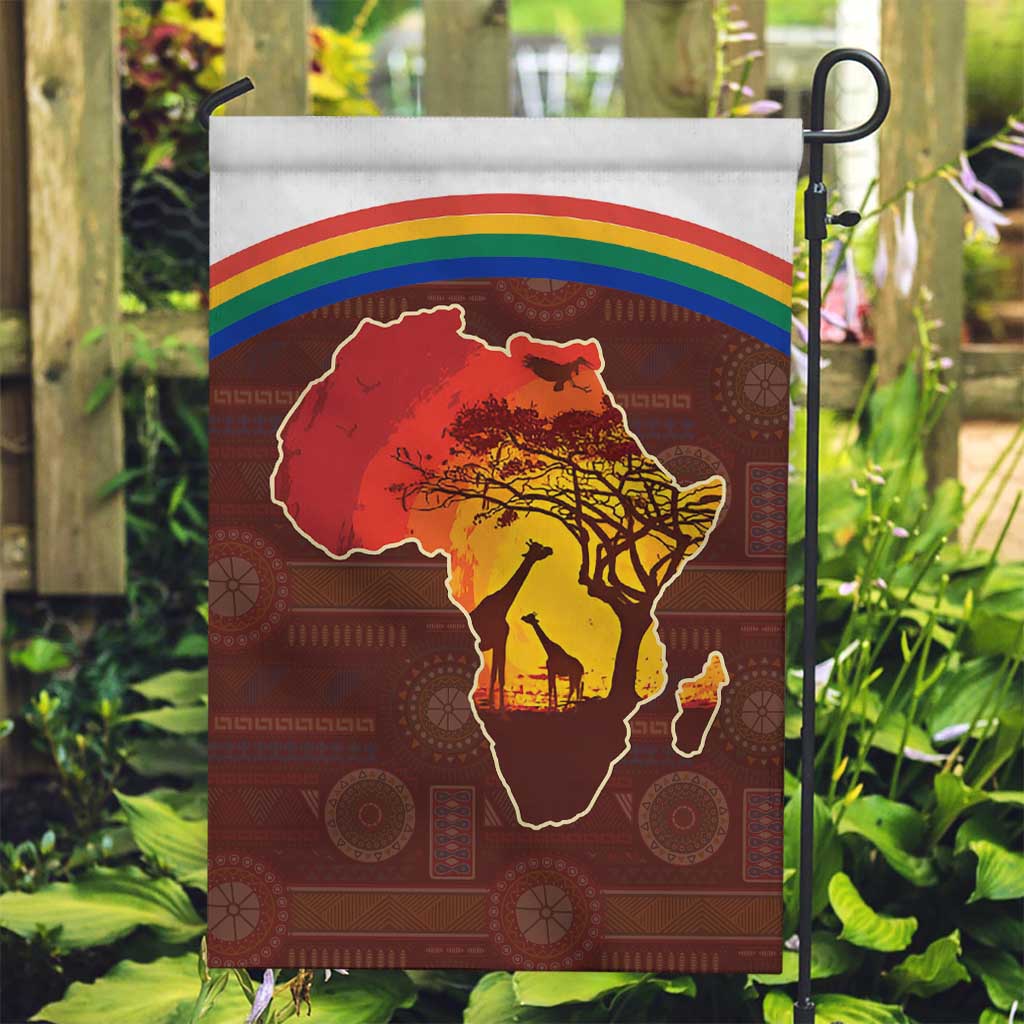 African Sunset Heritage Garden Flag Tribal Pattern with Continent Silhouette, Rainbow Arc & Safari Scene