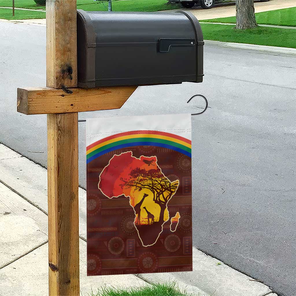 African Sunset Heritage Garden Flag Tribal Pattern with Continent Silhouette, Rainbow Arc & Safari Scene