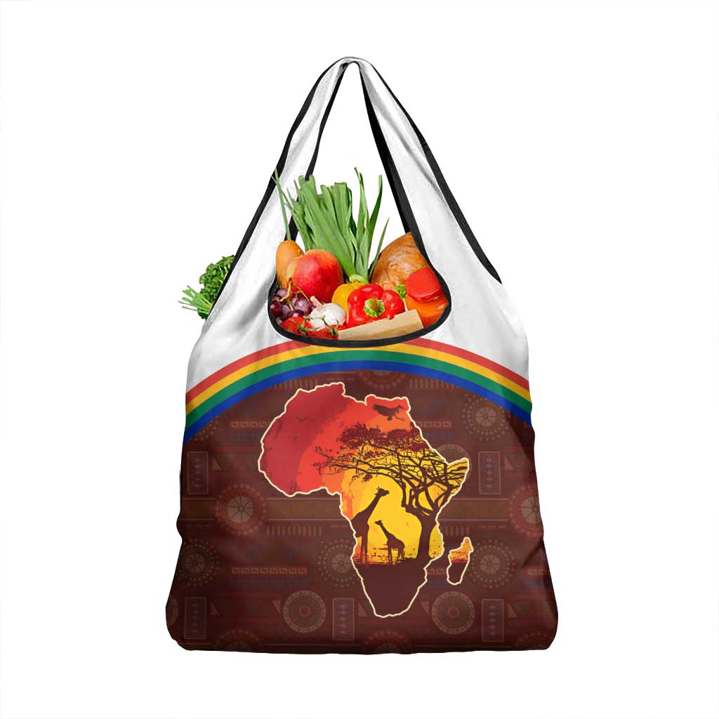 African Sunset Heritage Grocery Bag Tribal Pattern with Continent Silhouette, Rainbow Arc & Safari Scene