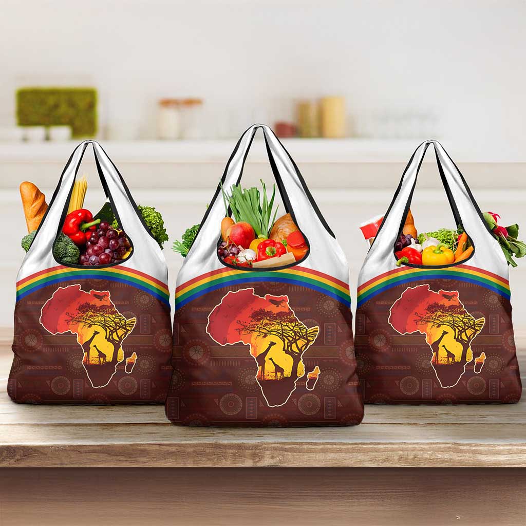 African Sunset Heritage Grocery Bag Tribal Pattern with Continent Silhouette, Rainbow Arc & Safari Scene