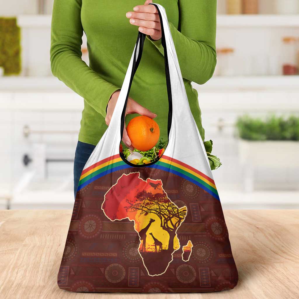 African Sunset Heritage Grocery Bag Tribal Pattern with Continent Silhouette, Rainbow Arc & Safari Scene