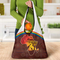 African Sunset Heritage Grocery Bag Tribal Pattern with Continent Silhouette, Rainbow Arc & Safari Scene