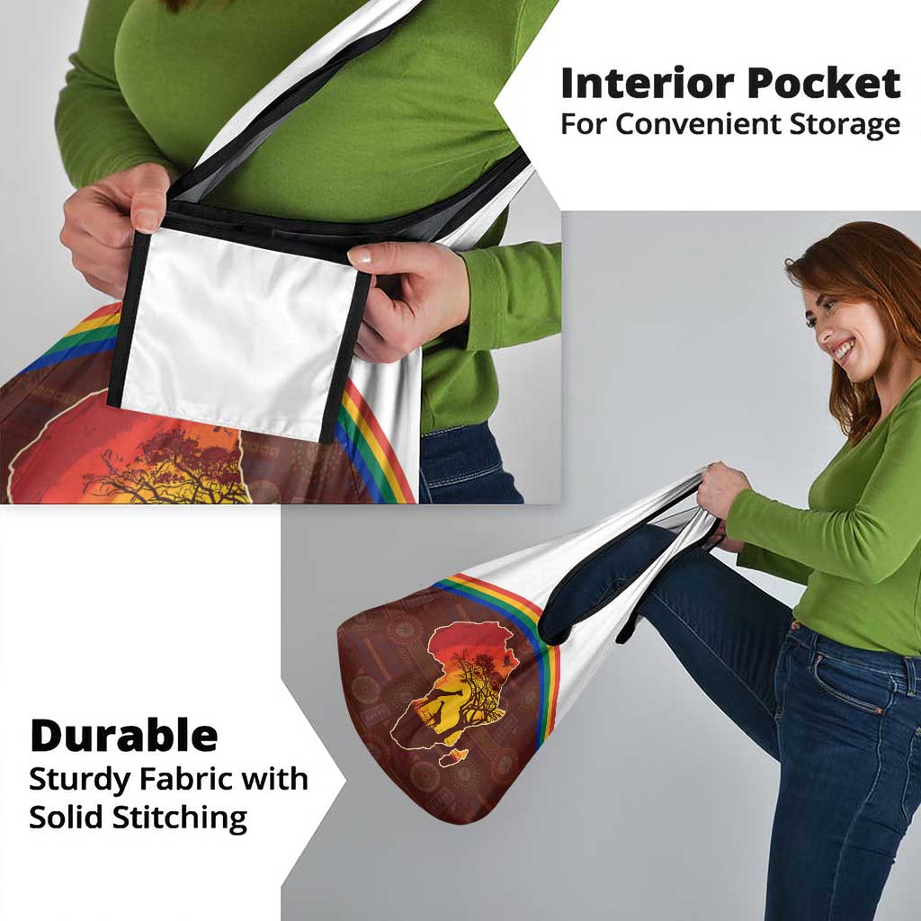 African Sunset Heritage Grocery Bag Tribal Pattern with Continent Silhouette, Rainbow Arc & Safari Scene