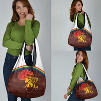 African Sunset Heritage Grocery Bag Tribal Pattern with Continent Silhouette, Rainbow Arc & Safari Scene