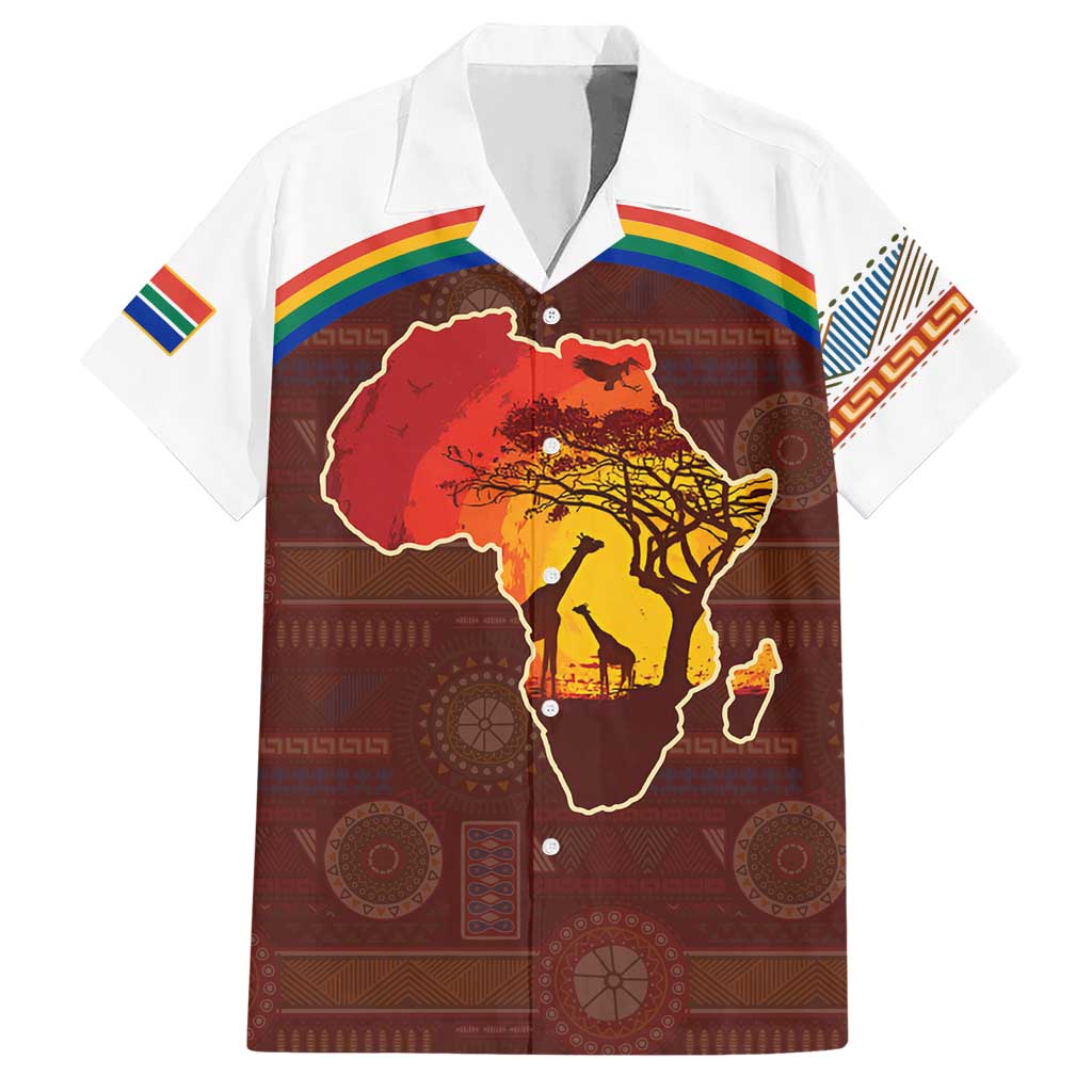 African Sunset Heritage Hawaiian Shirt Tribal Pattern with Continent Silhouette, Rainbow Arc & Safari Scene