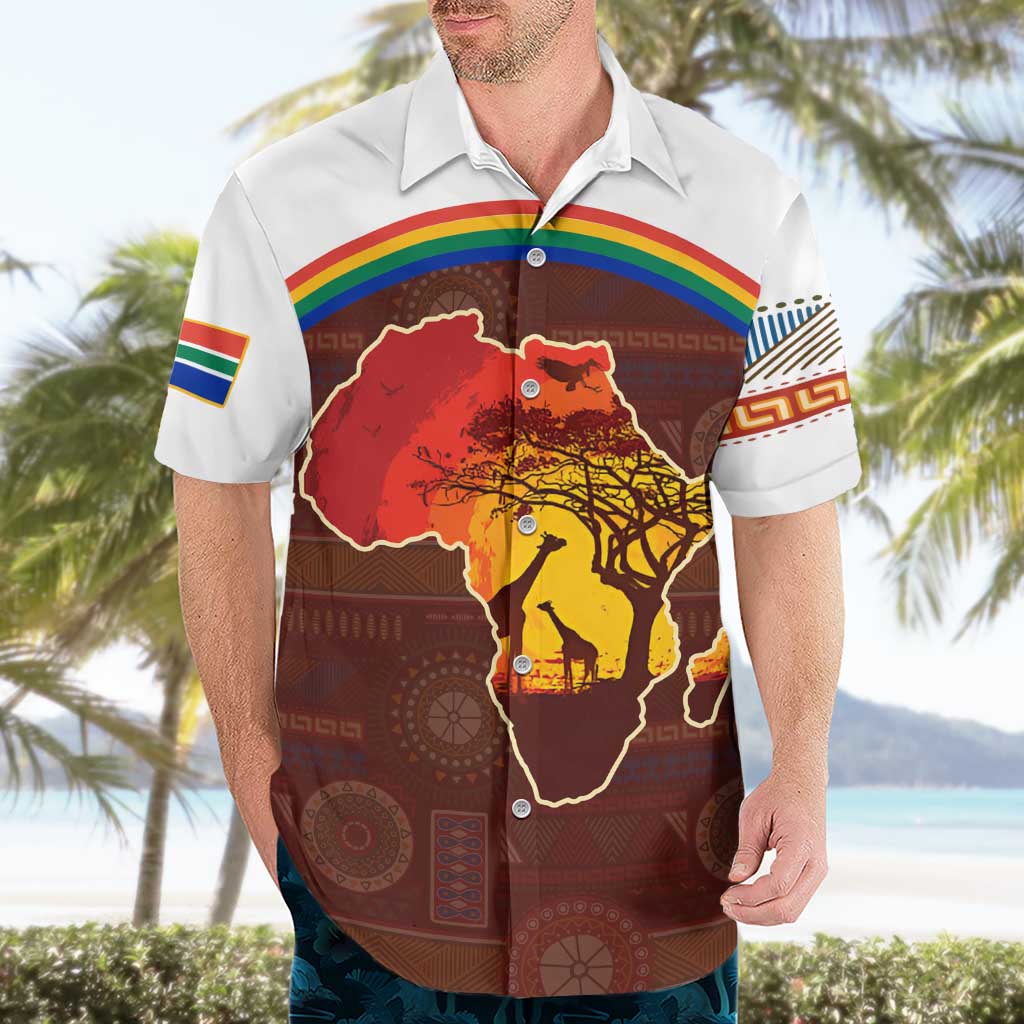 African Sunset Heritage Hawaiian Shirt Tribal Pattern with Continent Silhouette, Rainbow Arc & Safari Scene