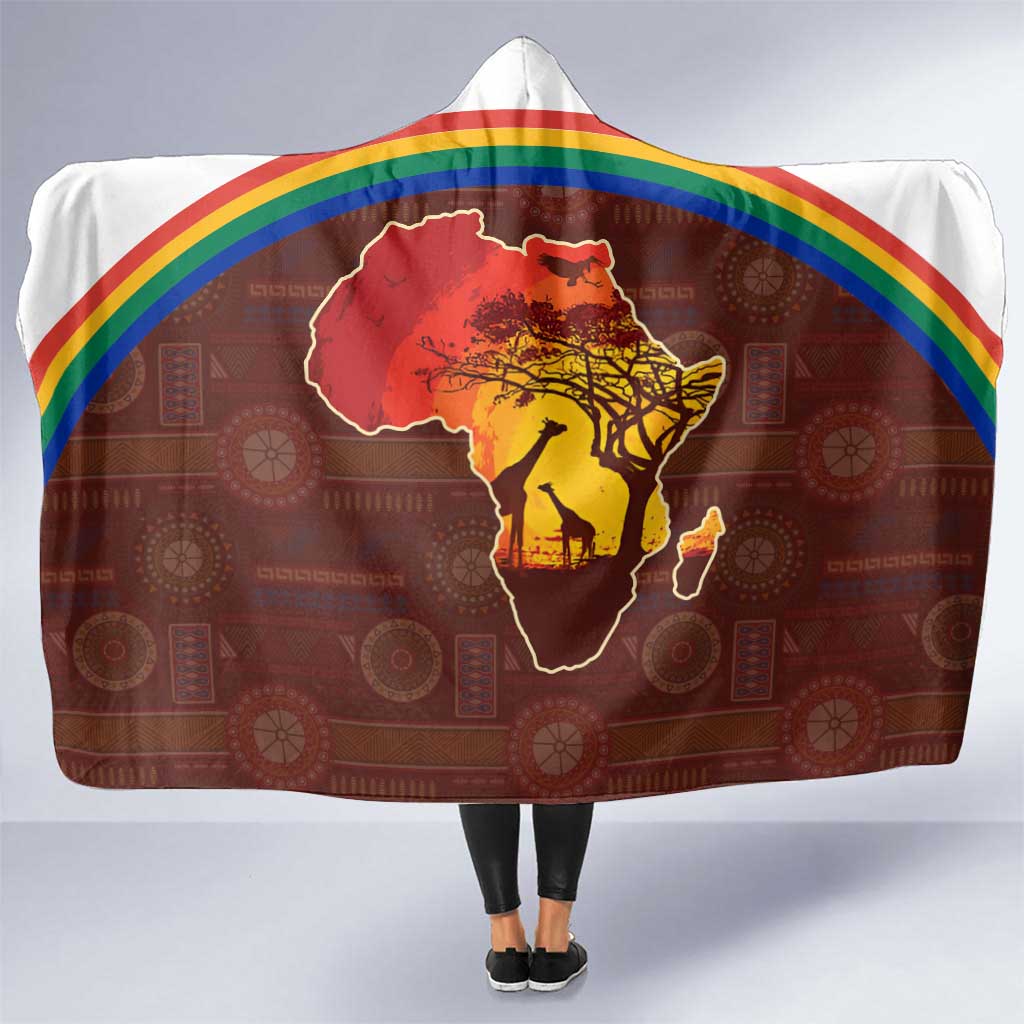 African Sunset Heritage Hooded Blanket Tribal Pattern with Continent Silhouette, Rainbow Arc & Safari Scene