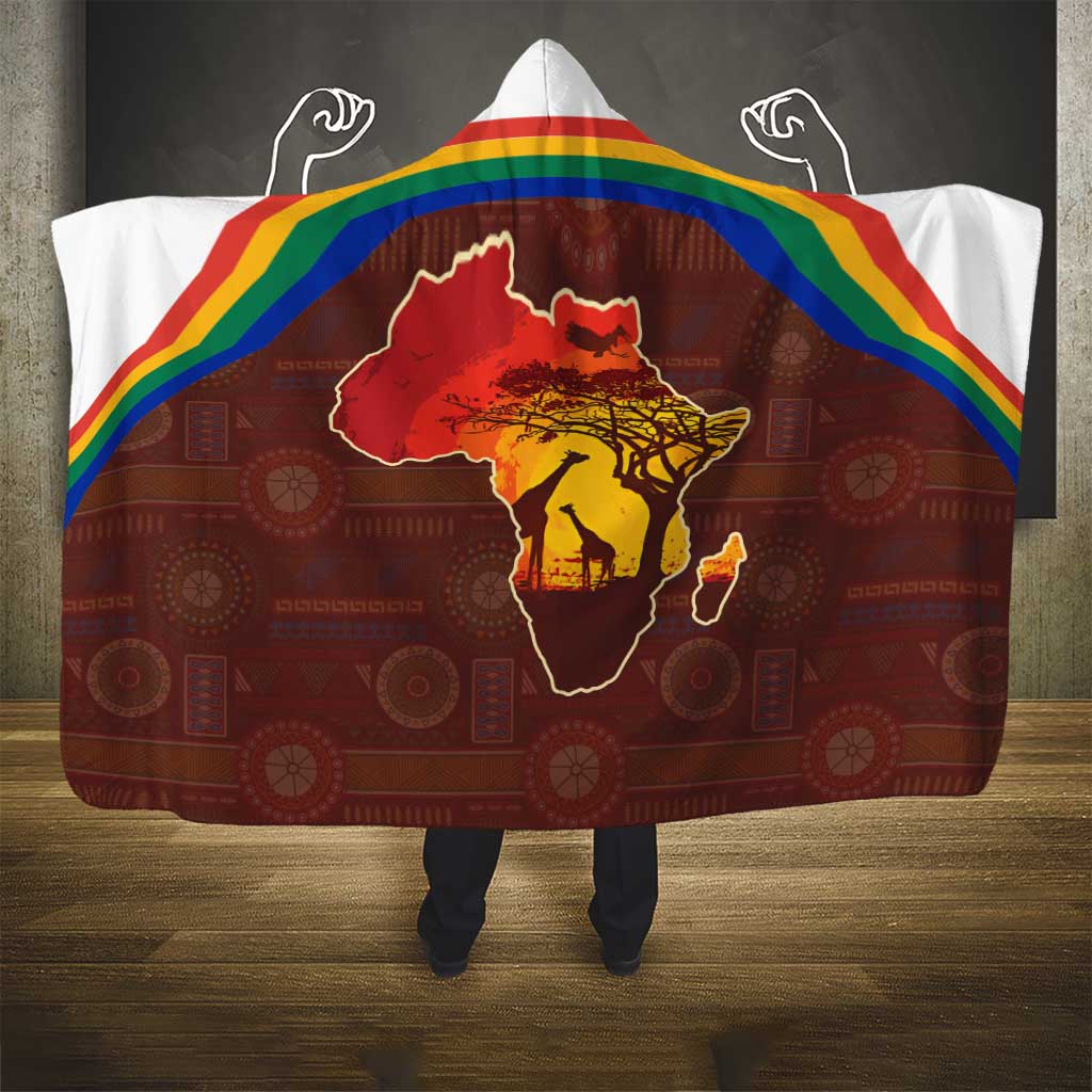 African Sunset Heritage Hooded Blanket Tribal Pattern with Continent Silhouette, Rainbow Arc & Safari Scene