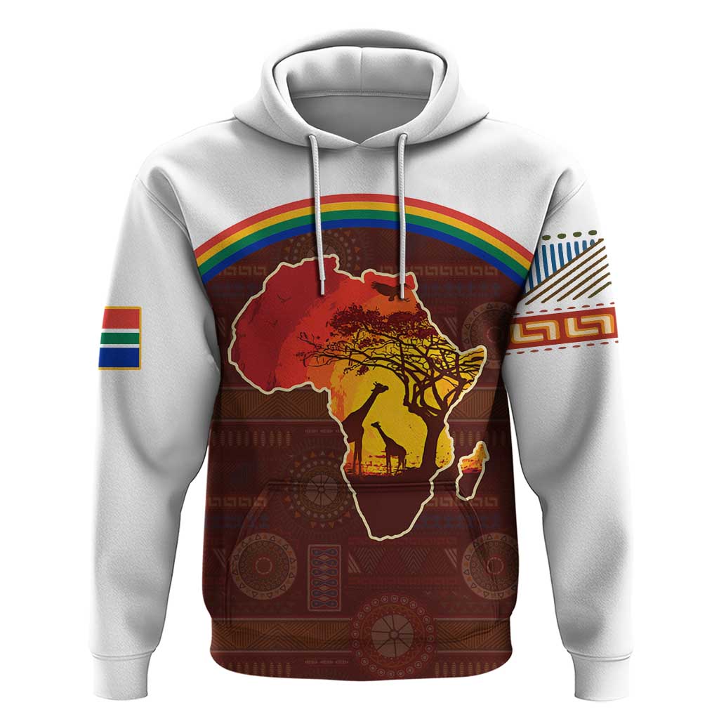 African Sunset Heritage Hoodie Tribal Pattern with Continent Silhouette, Rainbow Arc & Safari Scene