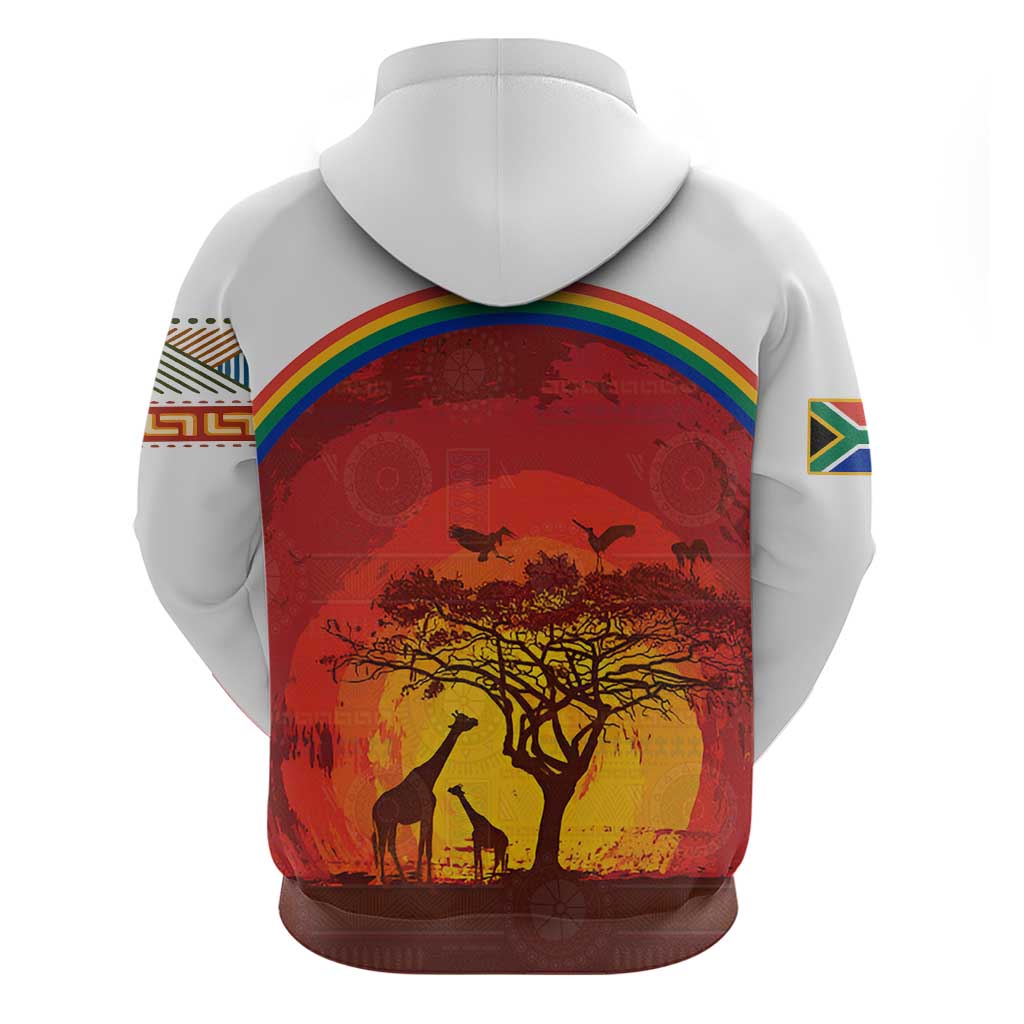 African Sunset Heritage Hoodie Tribal Pattern with Continent Silhouette, Rainbow Arc & Safari Scene