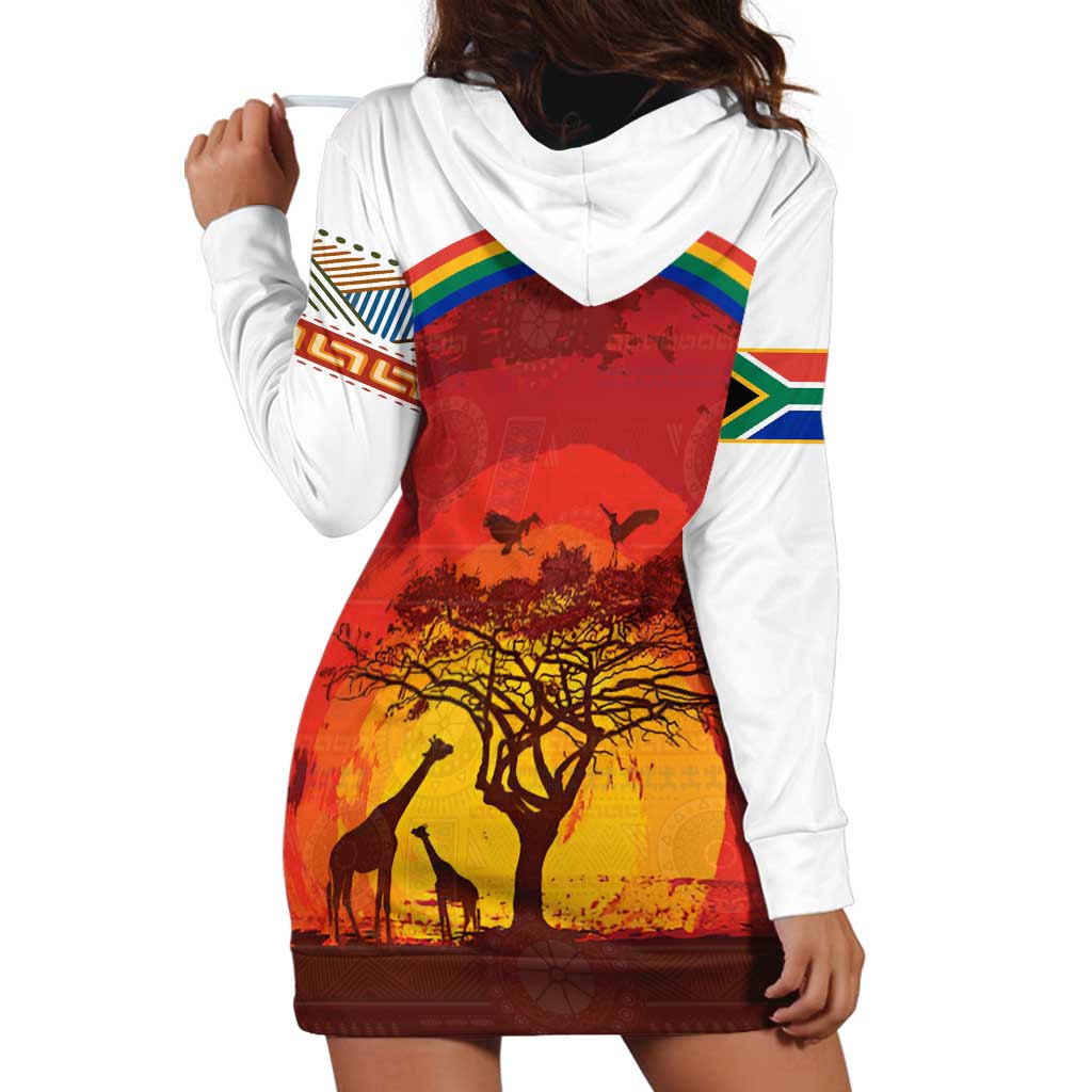 African Sunset Heritage Hoodie Dress Tribal Pattern with Continent Silhouette, Rainbow Arc & Safari Scene