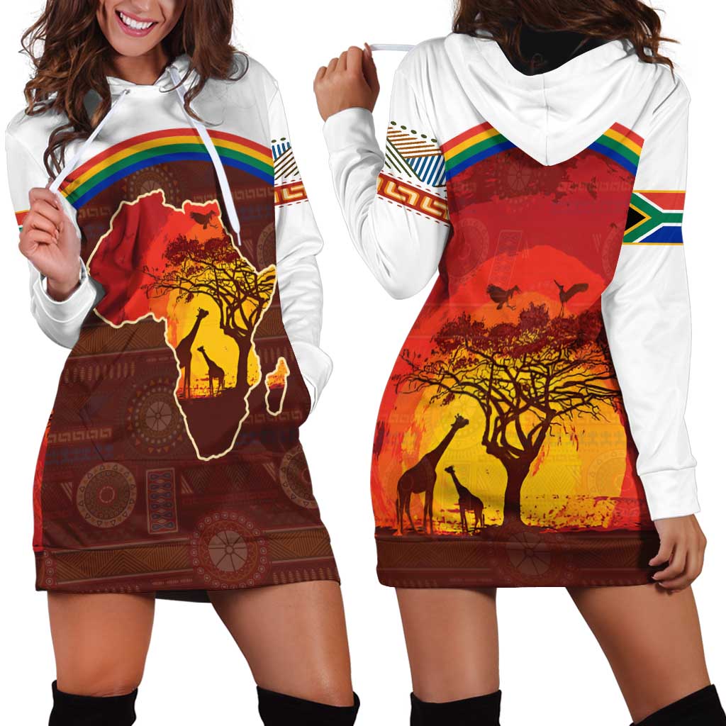 African Sunset Heritage Hoodie Dress Tribal Pattern with Continent Silhouette, Rainbow Arc & Safari Scene