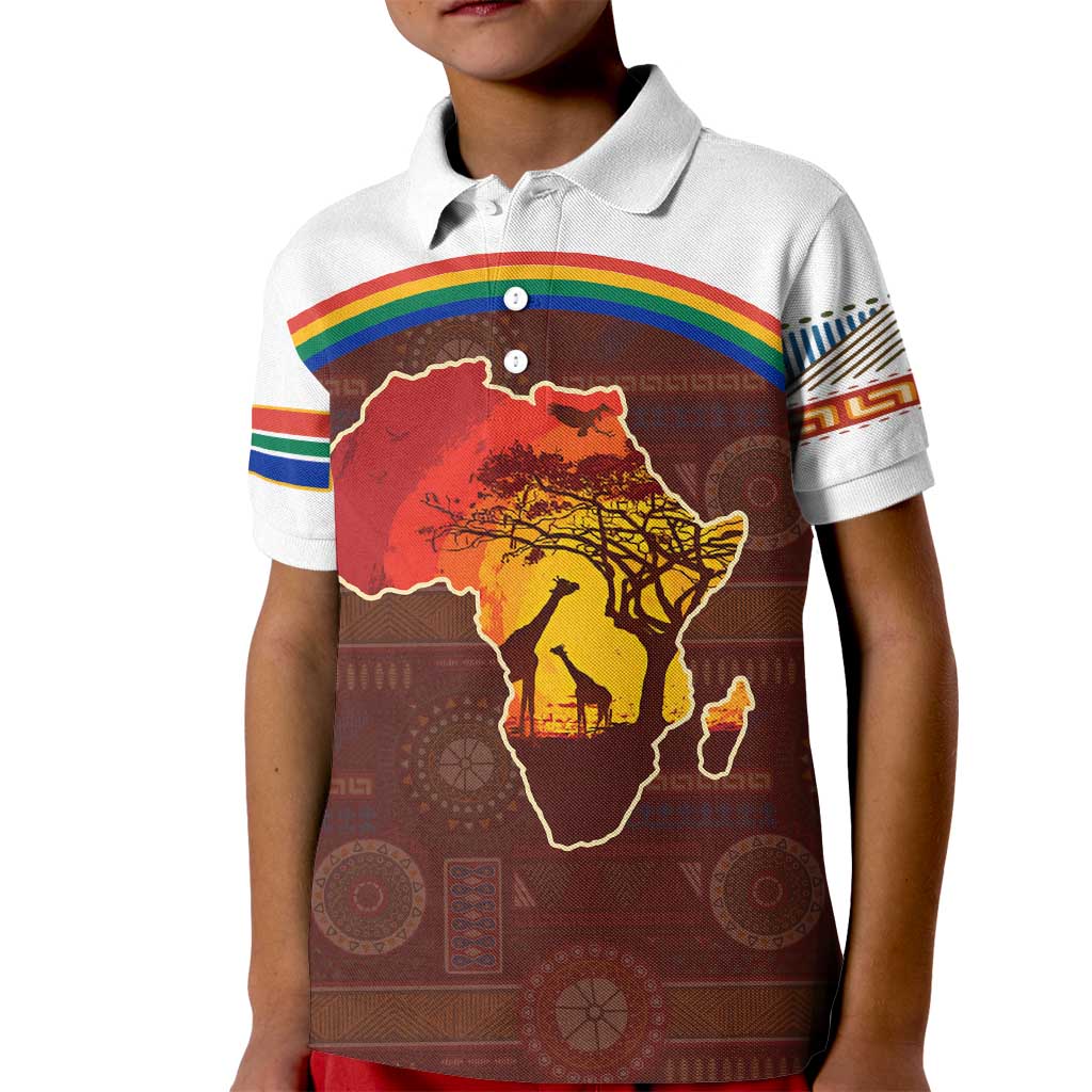African Sunset Heritage Kid Polo Shirt Tribal Pattern with Continent Silhouette, Rainbow Arc & Safari Scene