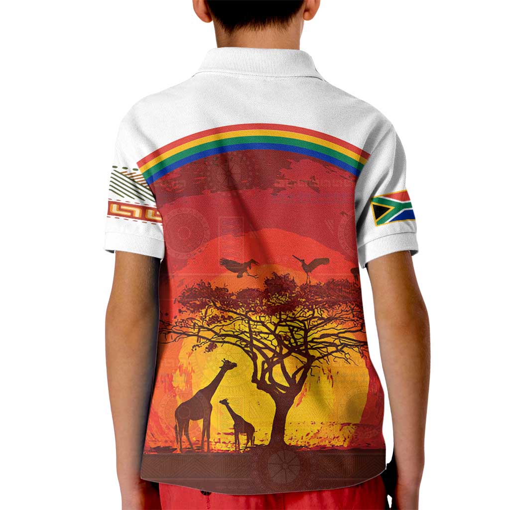 African Sunset Heritage Kid Polo Shirt Tribal Pattern with Continent Silhouette, Rainbow Arc & Safari Scene