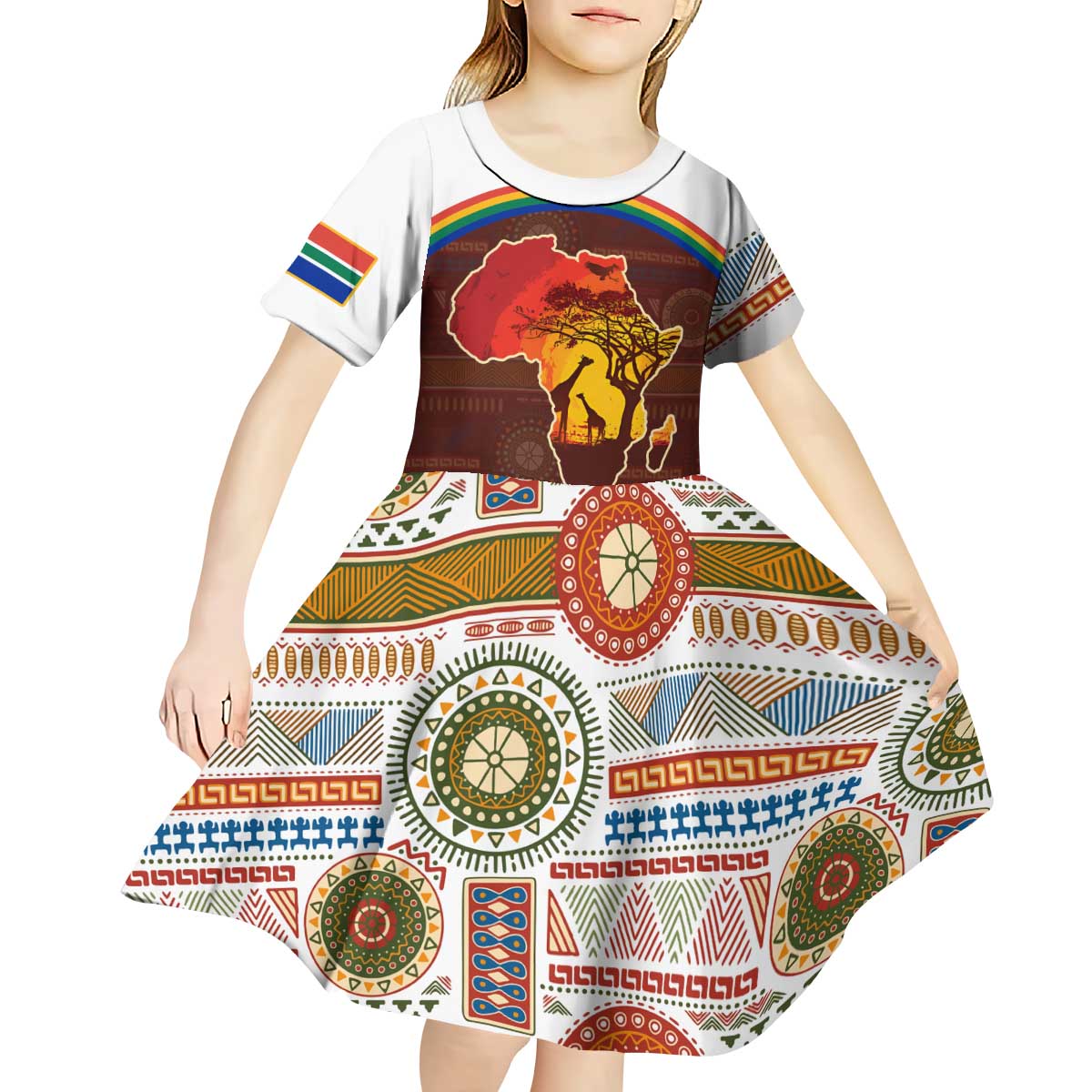 African Sunset Heritage Kid Short Sleeve Dress Tribal Pattern with Continent Silhouette, Rainbow Arc & Safari Scene