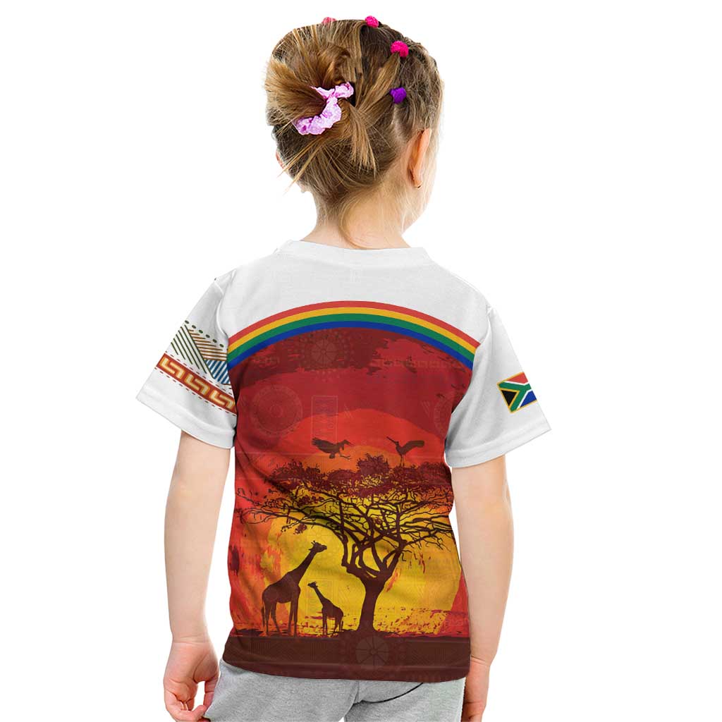 African Sunset Heritage Kid T Shirt Tribal Pattern with Continent Silhouette, Rainbow Arc & Safari Scene