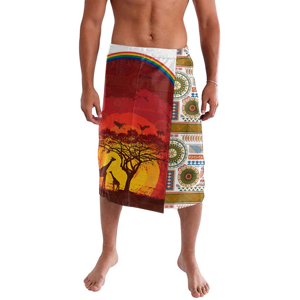 African Sunset Heritage Lavalava Tribal Pattern with Continent Silhouette, Rainbow Arc & Safari Scene