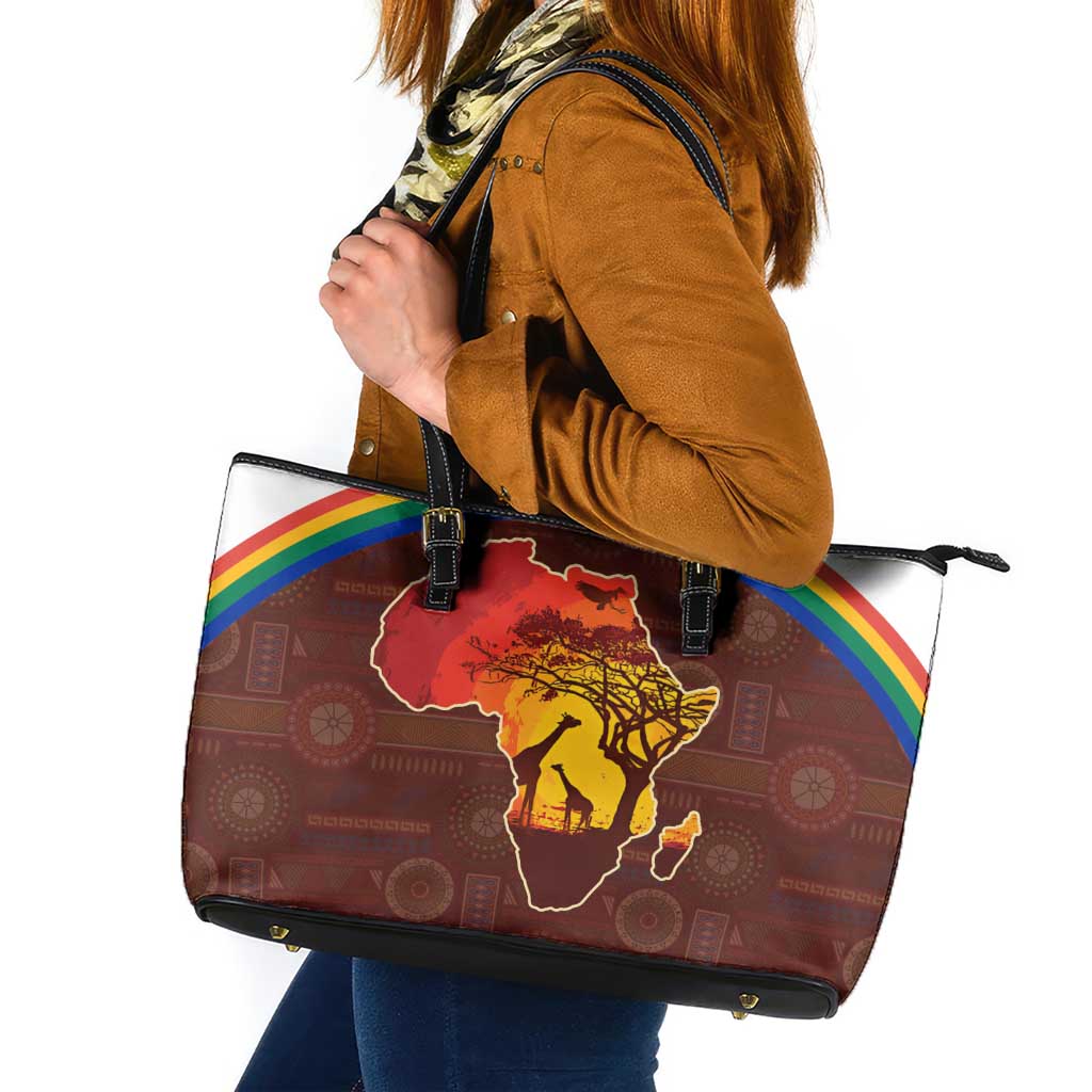 African Sunset Heritage Leather Tote Bag Tribal Pattern with Continent Silhouette, Rainbow Arc & Safari Scene