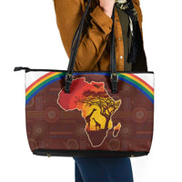 African Sunset Heritage Leather Tote Bag Tribal Pattern with Continent Silhouette, Rainbow Arc & Safari Scene