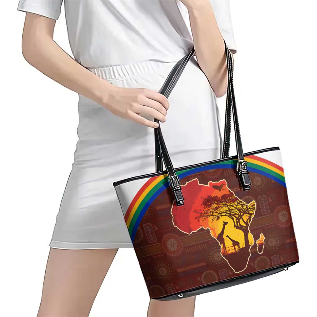 African Sunset Heritage Leather Tote Bag Tribal Pattern with Continent Silhouette, Rainbow Arc & Safari Scene