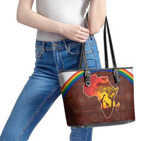 African Sunset Heritage Leather Tote Bag Tribal Pattern with Continent Silhouette, Rainbow Arc & Safari Scene