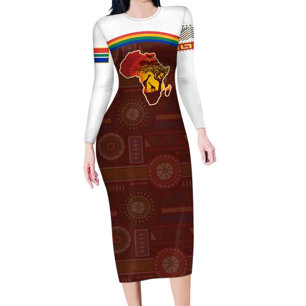 African Sunset Heritage Long Sleeve Bodycon Dress Tribal Pattern with Continent Silhouette, Rainbow Arc & Safari Scene