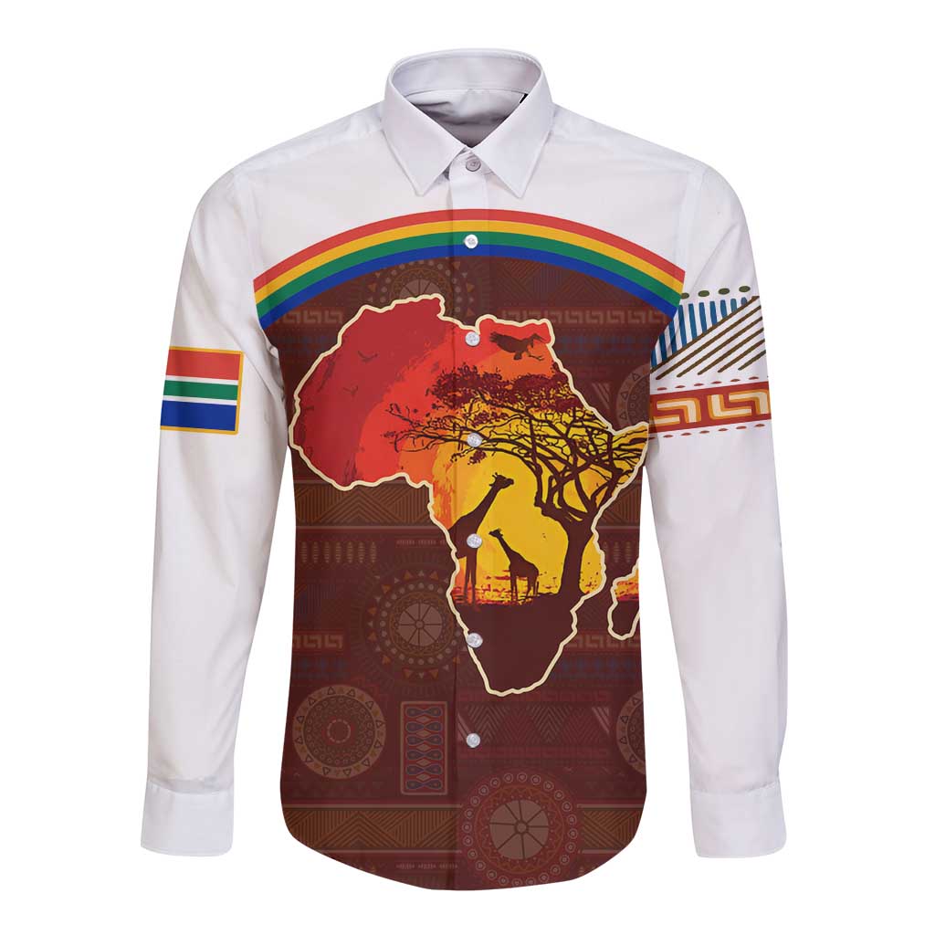 African Sunset Heritage Long Sleeve Button Shirt Tribal Pattern with Continent Silhouette, Rainbow Arc & Safari Scene