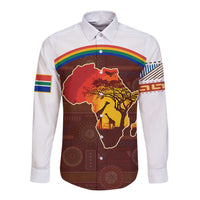 African Sunset Heritage Long Sleeve Button Shirt Tribal Pattern with Continent Silhouette, Rainbow Arc & Safari Scene