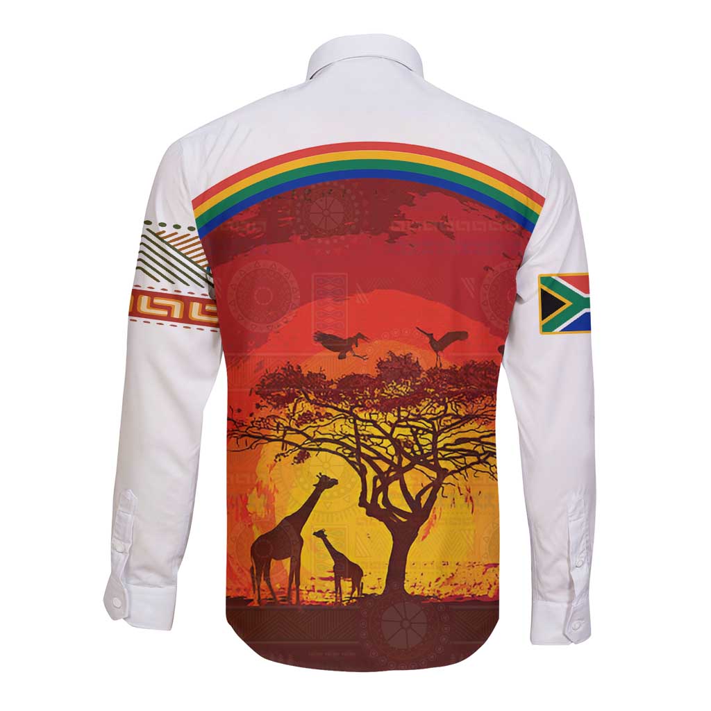 African Sunset Heritage Long Sleeve Button Shirt Tribal Pattern with Continent Silhouette, Rainbow Arc & Safari Scene