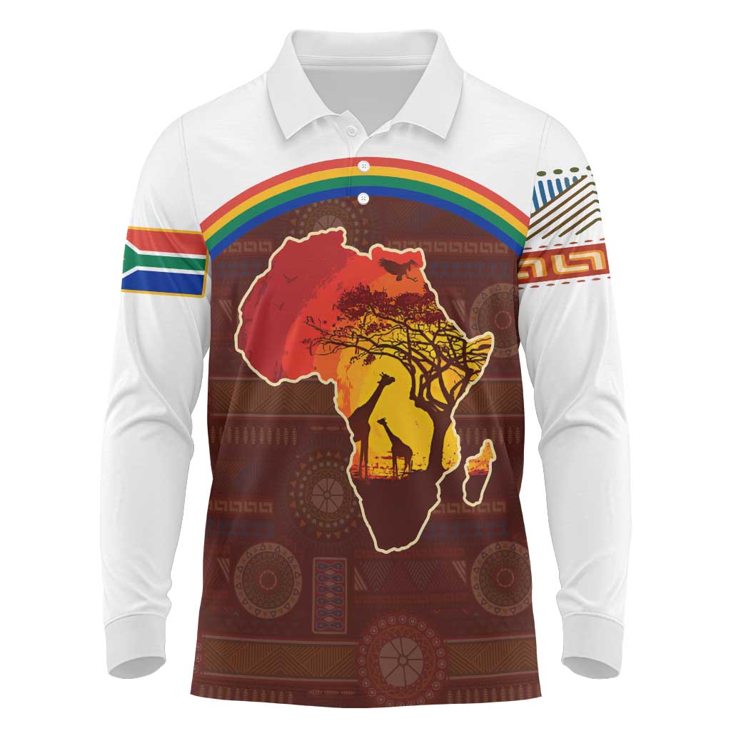 African Sunset Heritage Long Sleeve Polo Shirt Tribal Pattern with Continent Silhouette, Rainbow Arc & Safari Scene