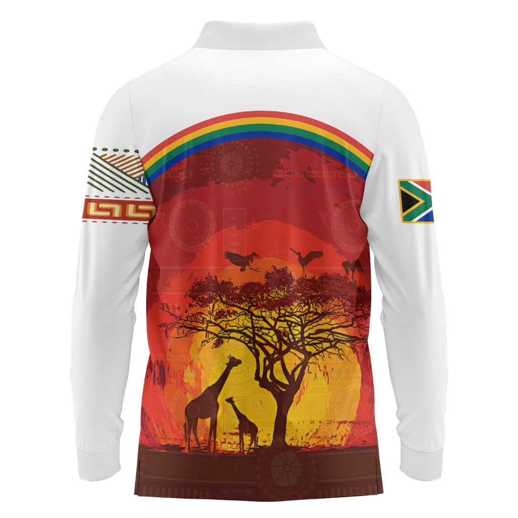 African Sunset Heritage Long Sleeve Polo Shirt Tribal Pattern with Continent Silhouette, Rainbow Arc & Safari Scene