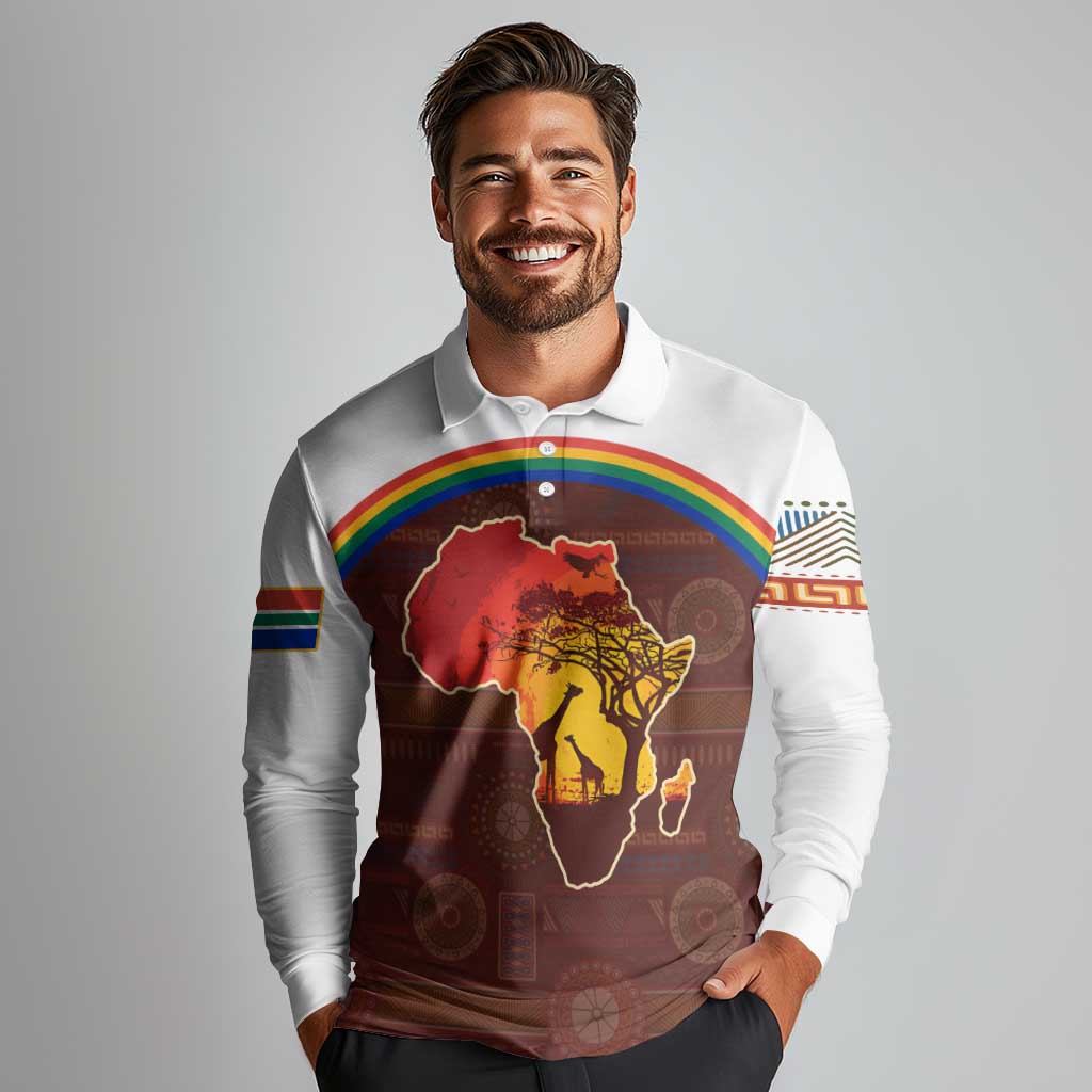 African Sunset Heritage Long Sleeve Polo Shirt Tribal Pattern with Continent Silhouette, Rainbow Arc & Safari Scene