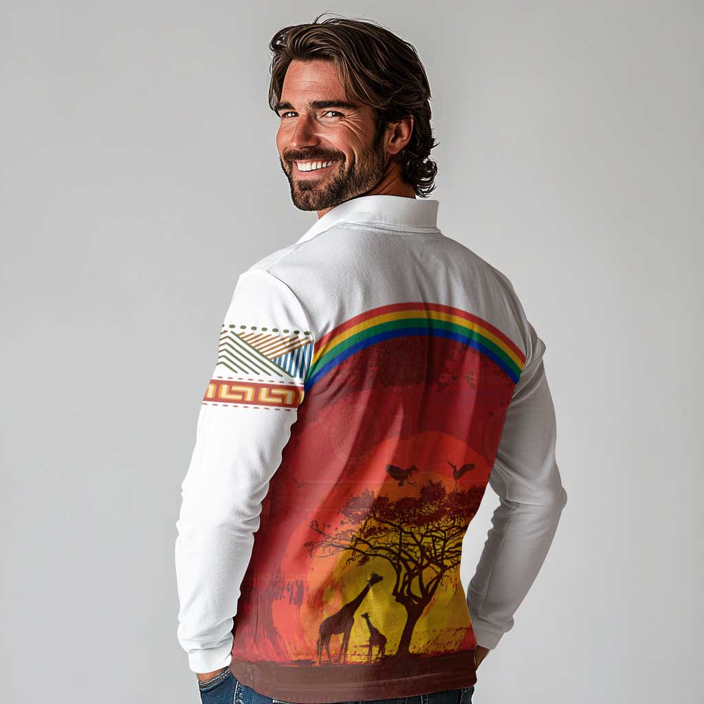 African Sunset Heritage Long Sleeve Polo Shirt Tribal Pattern with Continent Silhouette, Rainbow Arc & Safari Scene