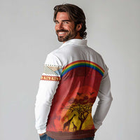 African Sunset Heritage Long Sleeve Polo Shirt Tribal Pattern with Continent Silhouette, Rainbow Arc & Safari Scene