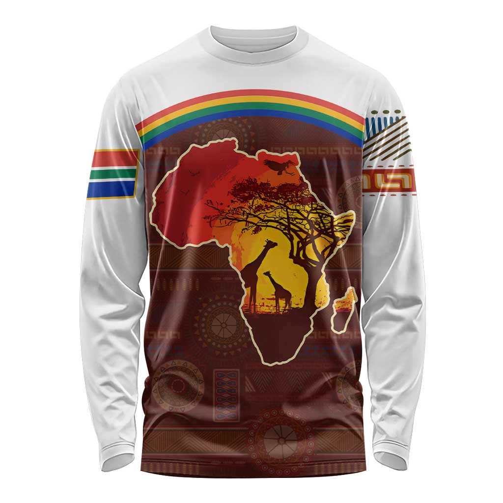 African Sunset Heritage Long Sleeve Shirt Tribal Pattern with Continent Silhouette, Rainbow Arc & Safari Scene