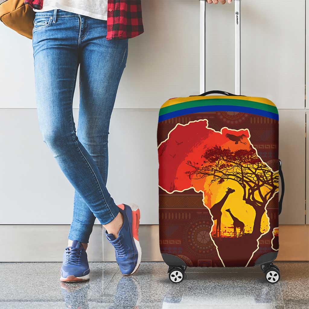 African Sunset Heritage Luggage Cover Tribal Pattern with Continent Silhouette, Rainbow Arc & Safari Scene