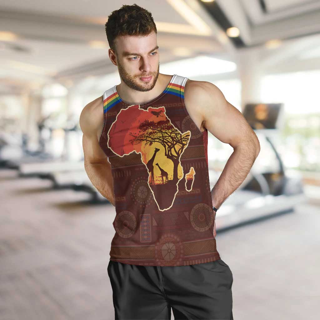 African Sunset Heritage Men Tank Top Tribal Pattern with Continent Silhouette, Rainbow Arc & Safari Scene